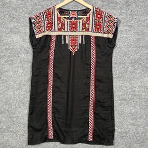 Johnny Was Size Medium Tunic Dress Black Linen Boho Embroidered Vacation